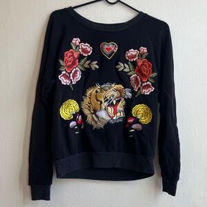 Nation LTD Black Sweatshirt with Floral and Tiger Embroidery